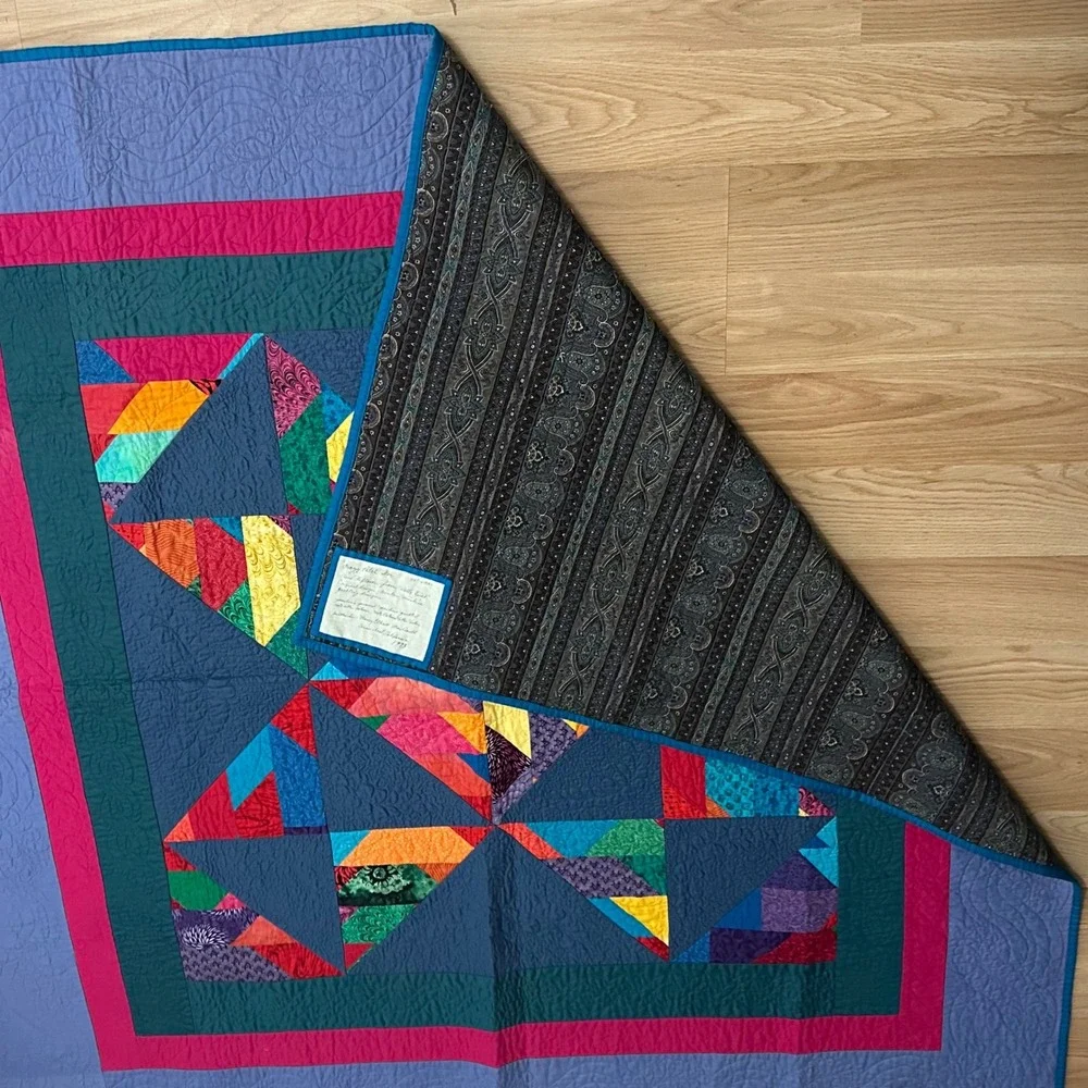 Signed Vintage 1993 Nancy Elliott MacDonald Crazy Patch Star Quilt 50x50 Cotton